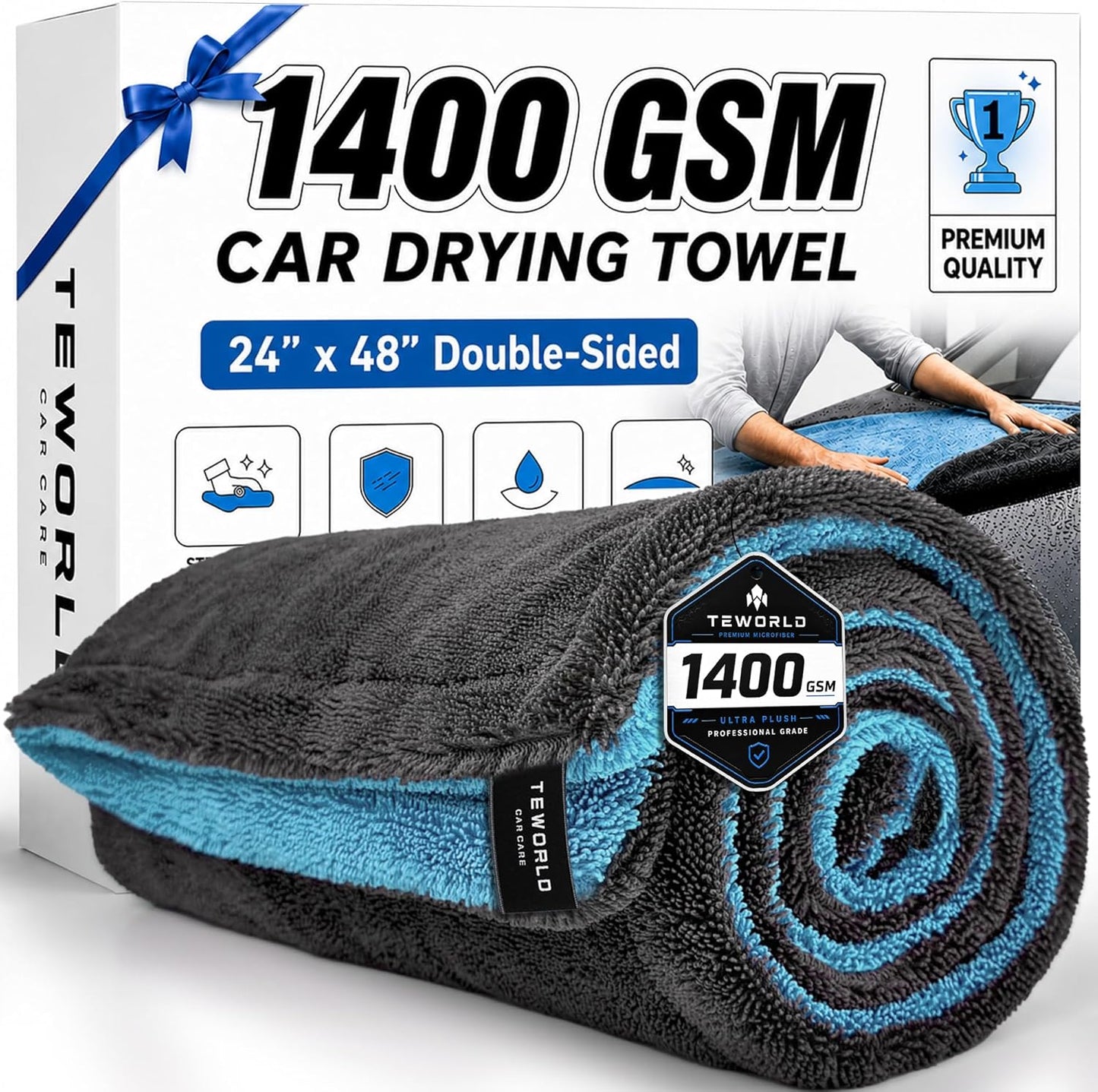 1400 GSM Car Drying Towels – XXL Microfiber Towels for Cars (48" x 24"), Ultra-Absorbent, Streak-Free, Scratch-Free, No Water Spots, Double-Twist Pile & Edgeless Design