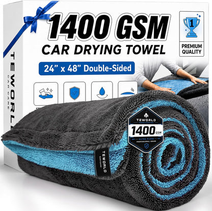 1400 GSM Car Drying Towels – XXL Microfiber Towels for Cars (48" x 24"), Ultra-Absorbent, Streak-Free, Scratch-Free, No Water Spots, Double-Twist Pile & Edgeless Design