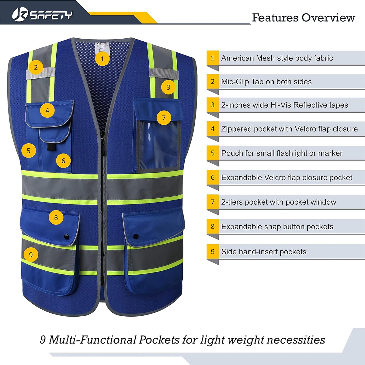 JKSafety 9 Pockets Class 2 High Visibility Zipper Front Safety Vest With Reflective Strips,Meets ANSI/ISEA Standard (Large, 150-Yellow) - Colors B