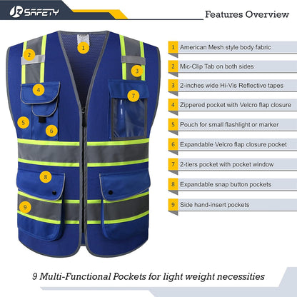 JKSafety 9 Pockets Class 2 High Visibility Zipper Front Safety Vest With Reflective Strips,Meets ANSI/ISEA Standard (Large, 150-Yellow) - Colors B