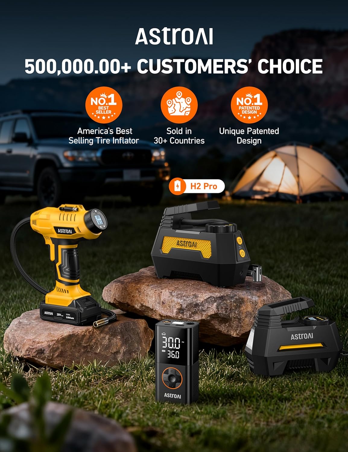 AstroAI H2 Pro Cordless Tire Inflator Portable Air Compressor Tire Pump with DC 12V & Battery Dual Power Supply Digital Pressure Gauge Fast Inflation Air Pump for Car Tires Motorcycles Bikes Yellow