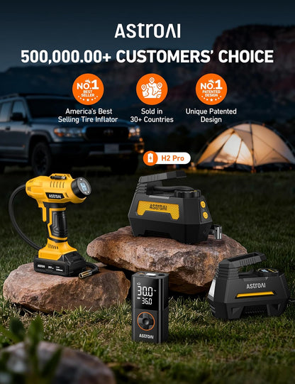 AstroAI H2 Pro Cordless Tire Inflator Portable Air Compressor Tire Pump with DC 12V & Battery Dual Power Supply Digital Pressure Gauge Fast Inflation Air Pump for Car Tires Motorcycles Bikes Yellow