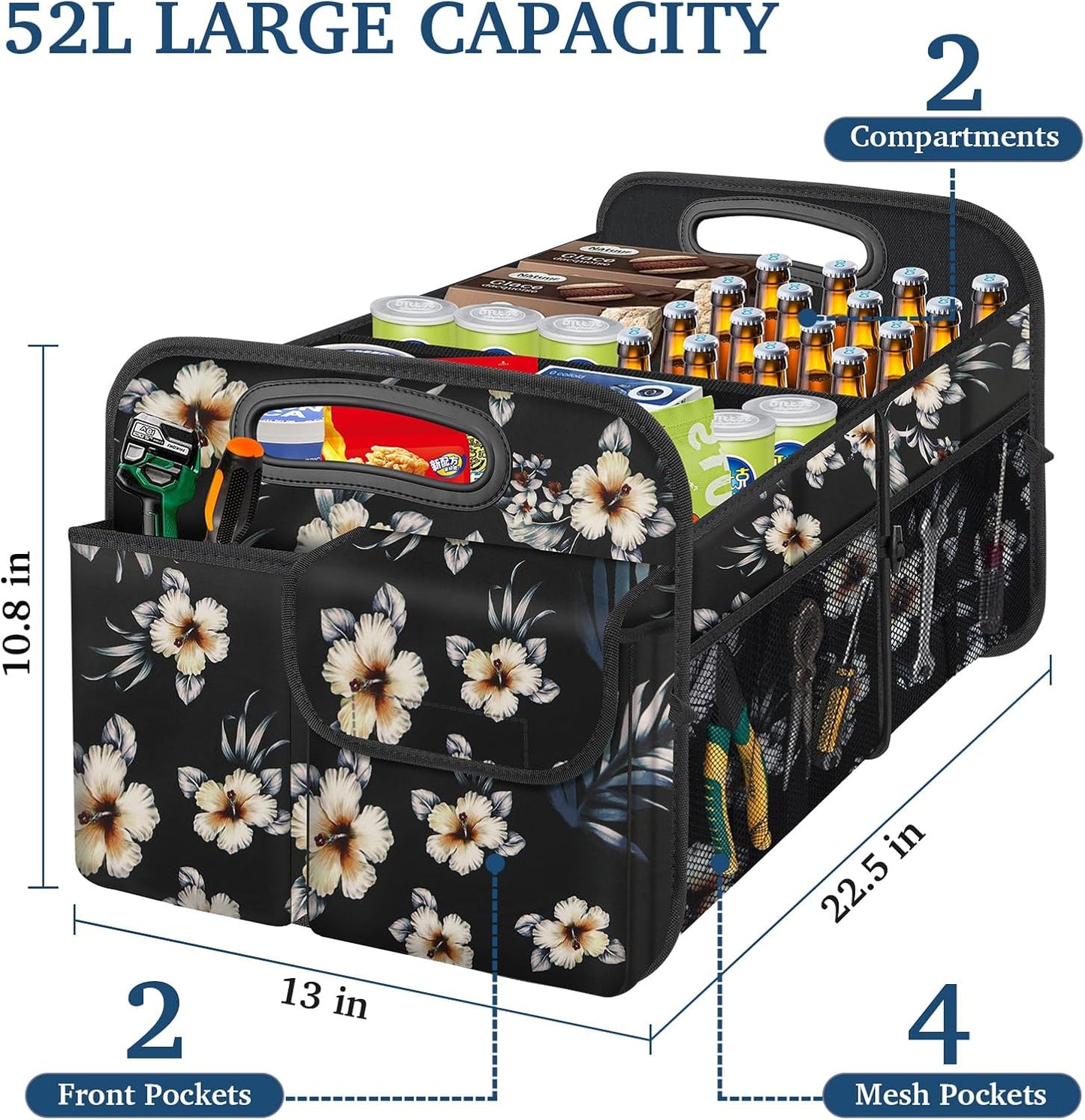 Femuar Car Trunk Organizer with Large Capacity Waterproof Car Accessories for Women & Men, Collapsible Trunk Organizer for Suv/Jeep/Sedan,Tools (Black, Standard)