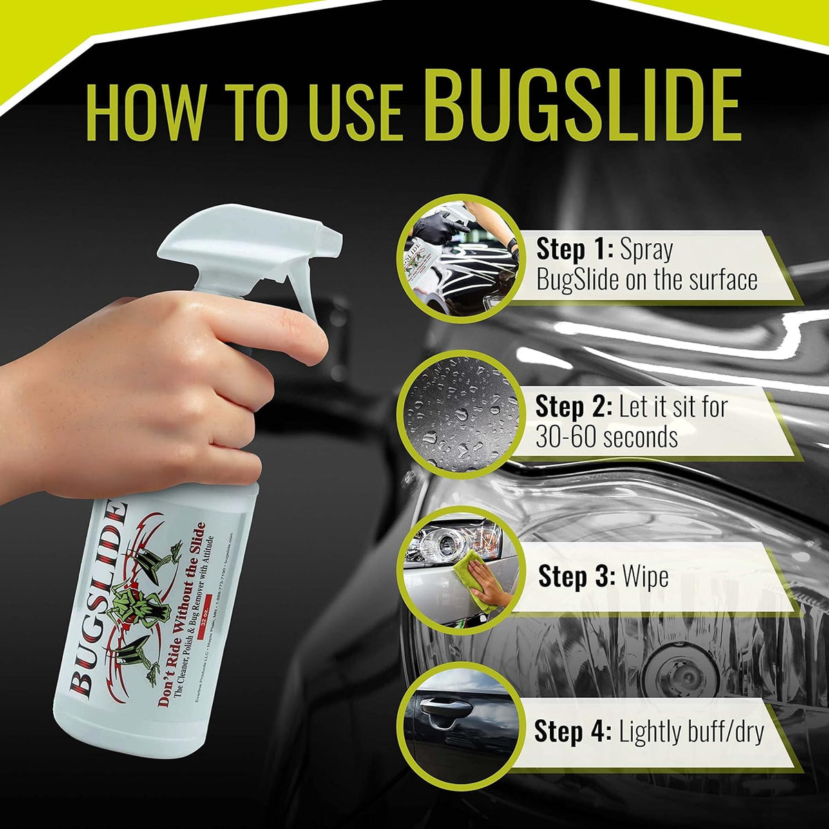 BugSlide 16 Oz Shop Kit Cleaner and Polisher with Microfiber Towel, Spray and Wipe Car Cleaner, Waterless Detailer for Removing Bugs Without Scratching, Shining and Degreasing All Surfaces