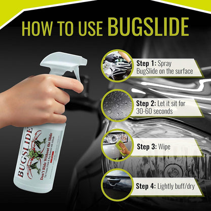 BugSlide 16 Oz Shop Kit Cleaner and Polisher with Microfiber Towel, Spray and Wipe Car Cleaner, Waterless Detailer for Removing Bugs Without Scratching, Shining and Degreasing All Surfaces