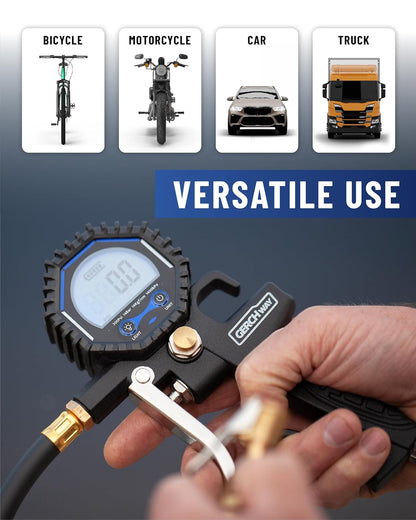 Tire Inflator with Pressure Gauge and Longer Hose - Most Accurate, Heavy Duty Air Chuck with Gauge for Air Compressor Tire Inflator Attachment - 100PSI