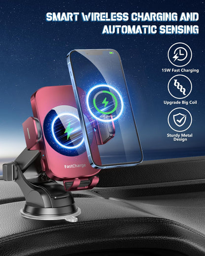 3-in-1 Wireless Car Charger Mount, 15W Fast Charging Auto-Clamping Phone Holder for iPhone 17 16 15 14, Samsung Galaxy S24 S23, Dashboard, Vent & Windshield Car Mount(Black)