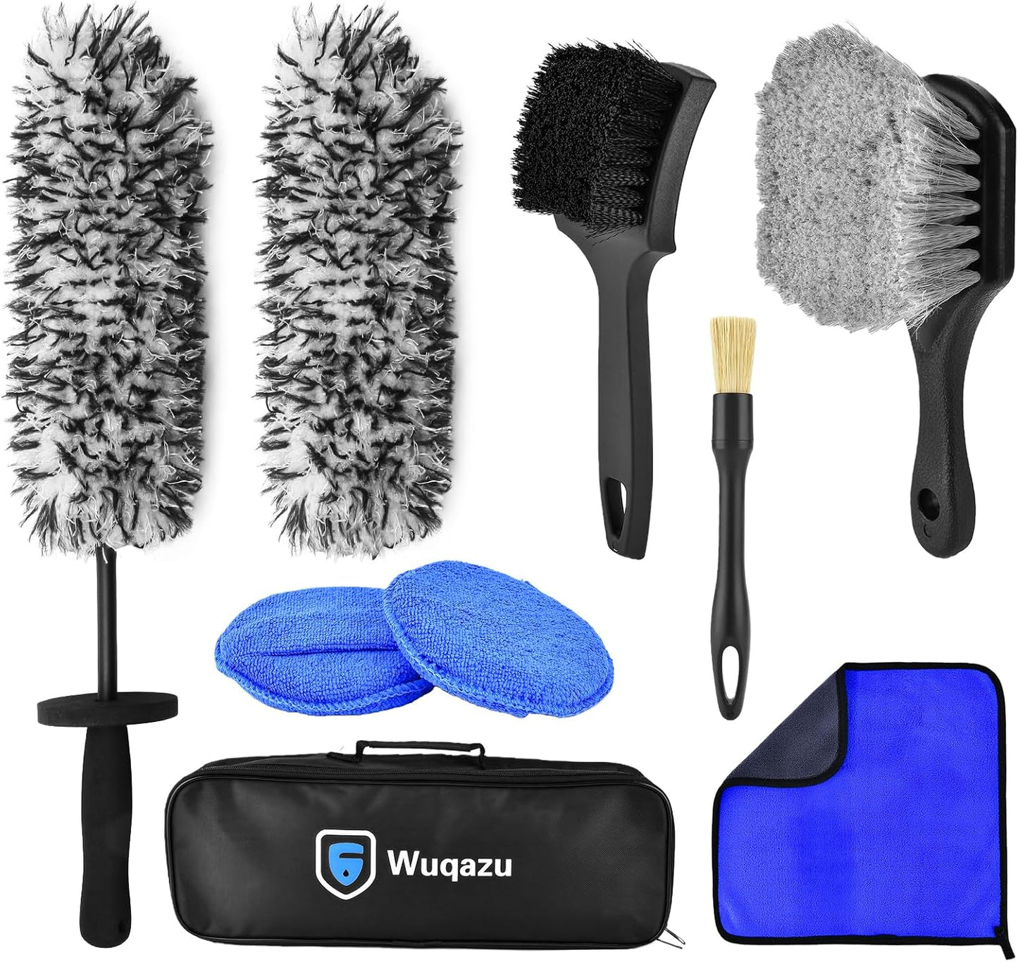 8PCS All-in-One Wheel & Tire Cleaning Kit - 360° Flexible Synthetic Wool Rim Brush, 2 Dual-Hardness Brushes, Dressing Pads & Storage Bag | Scratch-Free for All Vehicles