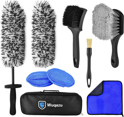 8PCS All-in-One Wheel & Tire Cleaning Kit - 360° Flexible Synthetic Wool Rim Brush, 2 Dual-Hardness Brushes, Dressing Pads & Storage Bag | Scratch-Free for All Vehicles