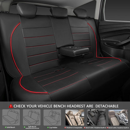 CAR PASS Universal FIT Piping Leather Two Front Seat Covers, Waterproof Faux Leather for SUV Sedan Van Truck, Airbag Compatible,Reserved Opening Holes for Headrest Covers. (Black red)