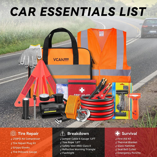 VCANENERGY Car Emergency Safety Kit Bag with Portable Air Compressor, Jumper Cables,First Aid Kit, Tire Pressure Gauge, Auto Vehicle Safety Road Side Assistance Kits Essentials,for Women, Men, Teen