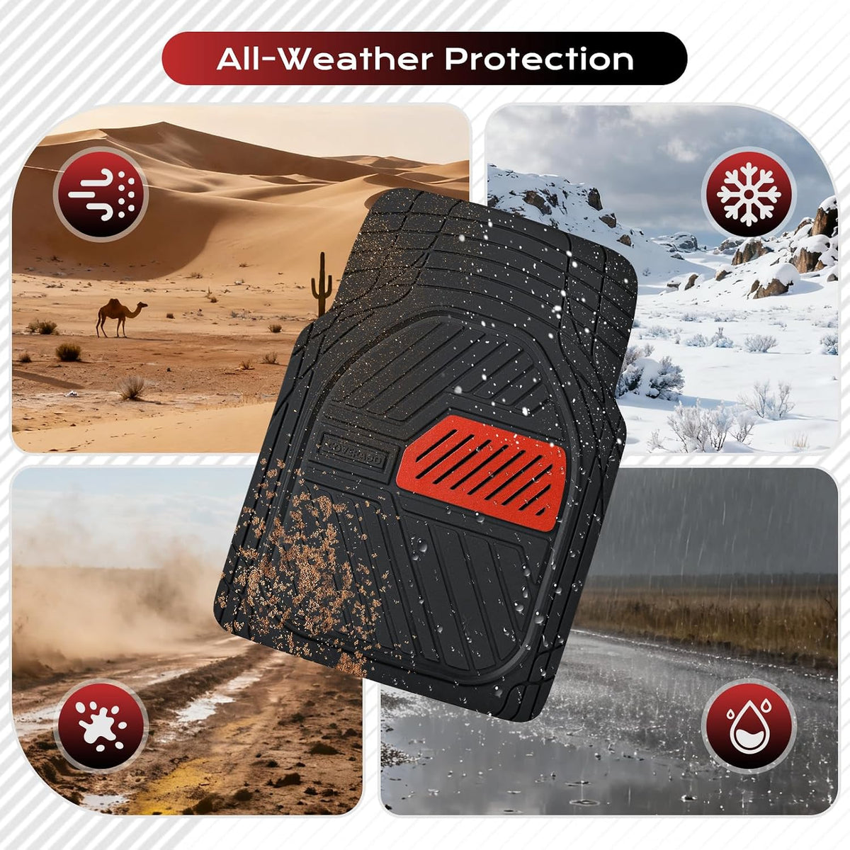 Coverado Car Floor Mats All Weather Waterproof Deep Dish Anti-Slip Car Mats Set, Heavy Duty Rubber Floor Mats for Cars, Universal Trim to Fit Automotive Floor Mats for Cars Trucks SUV, Black&Red