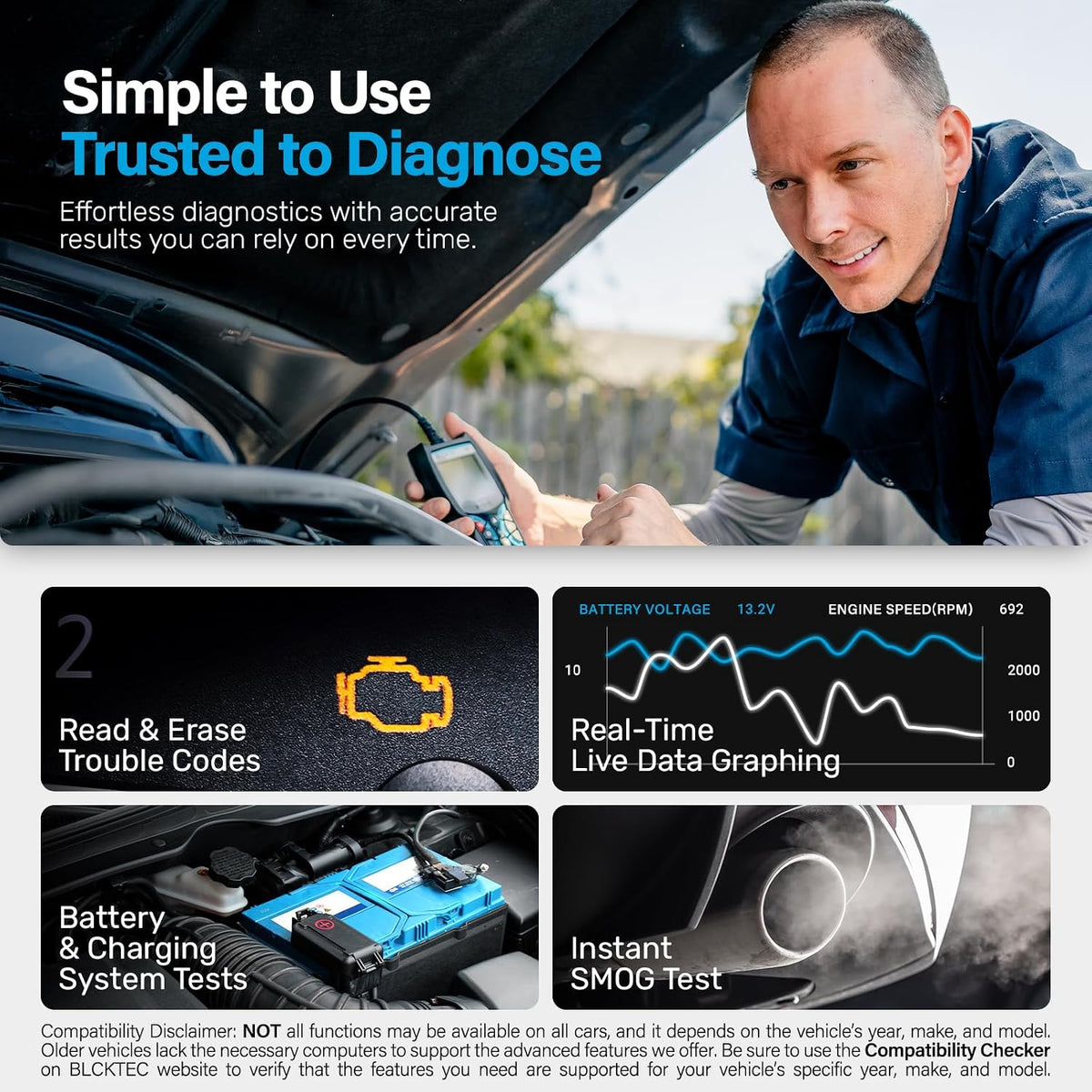 BLCKTEC 440 Bluetooth OBD2 Scanner Diagnostic Tool - Car Code Reader and Scanner for Car - Comes with Live Data - Battery/Charging System Test - Works for All OBD Compliant Cars 1996 & Newer