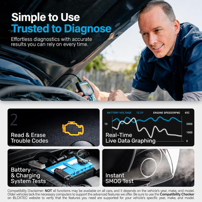 BLCKTEC 440 Bluetooth OBD2 Scanner Diagnostic Tool - Car Code Reader and Scanner for Car - Comes with Live Data - Battery/Charging System Test - Works for All OBD Compliant Cars 1996 & Newer