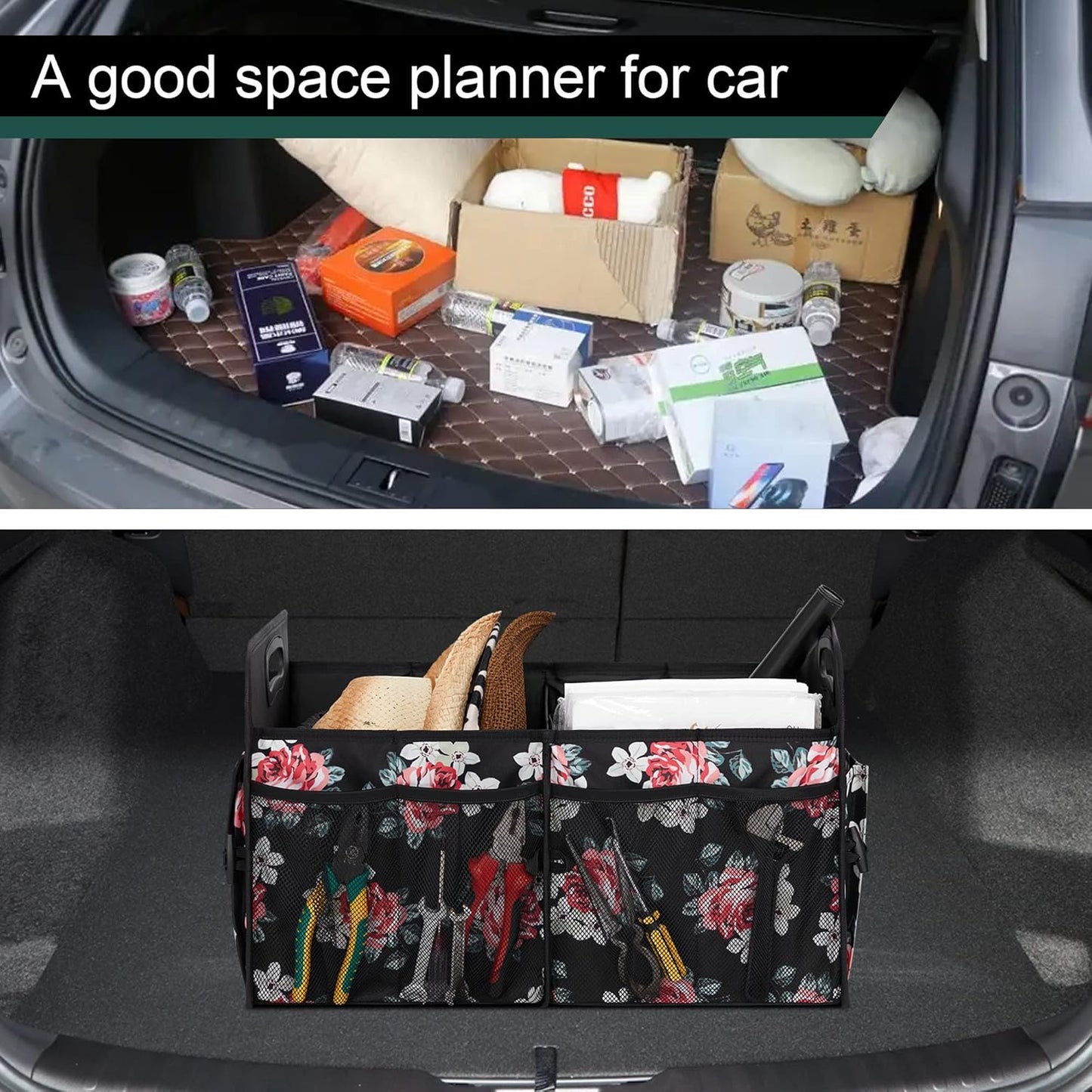 Femuar Car Trunk Organizer with Large Capacity Waterproof Car Accessories for Women & Men, Collapsible Trunk Organizer for Suv/Jeep/Sedan,Tools (Black, Standard)
