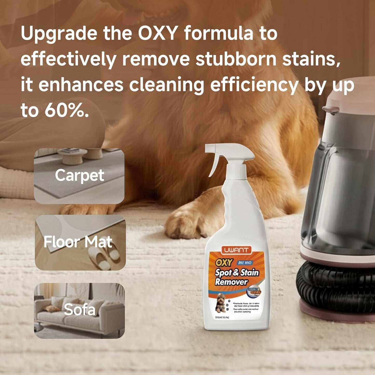 Uwant Portable Carpet and Upholstery for Deep Cleaner, 18Kpa Carpet Cleaner Machine for Cars, Pets with Pet Pro Solution and Self Cleaning Set of 1 for Spot, Rug, Couch