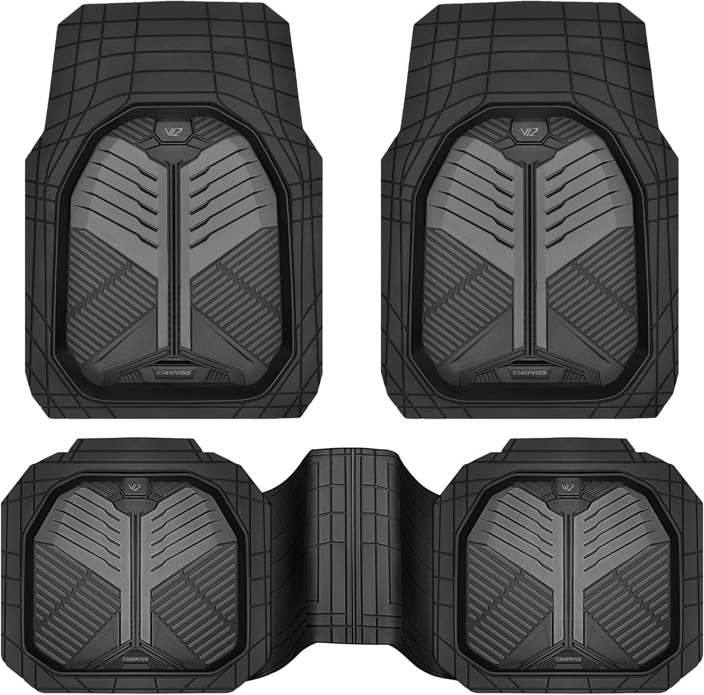 CAR PASS Heavy Duty Rubber Car Mats with Cargo Liner, Deep-Dish Car Floor Mats and Trunk Mat All Weather, Universal Trim-to-Fit for SUVs Trucks Sedans, Waterproof Anti-Slip, Trimmable V12 Black
