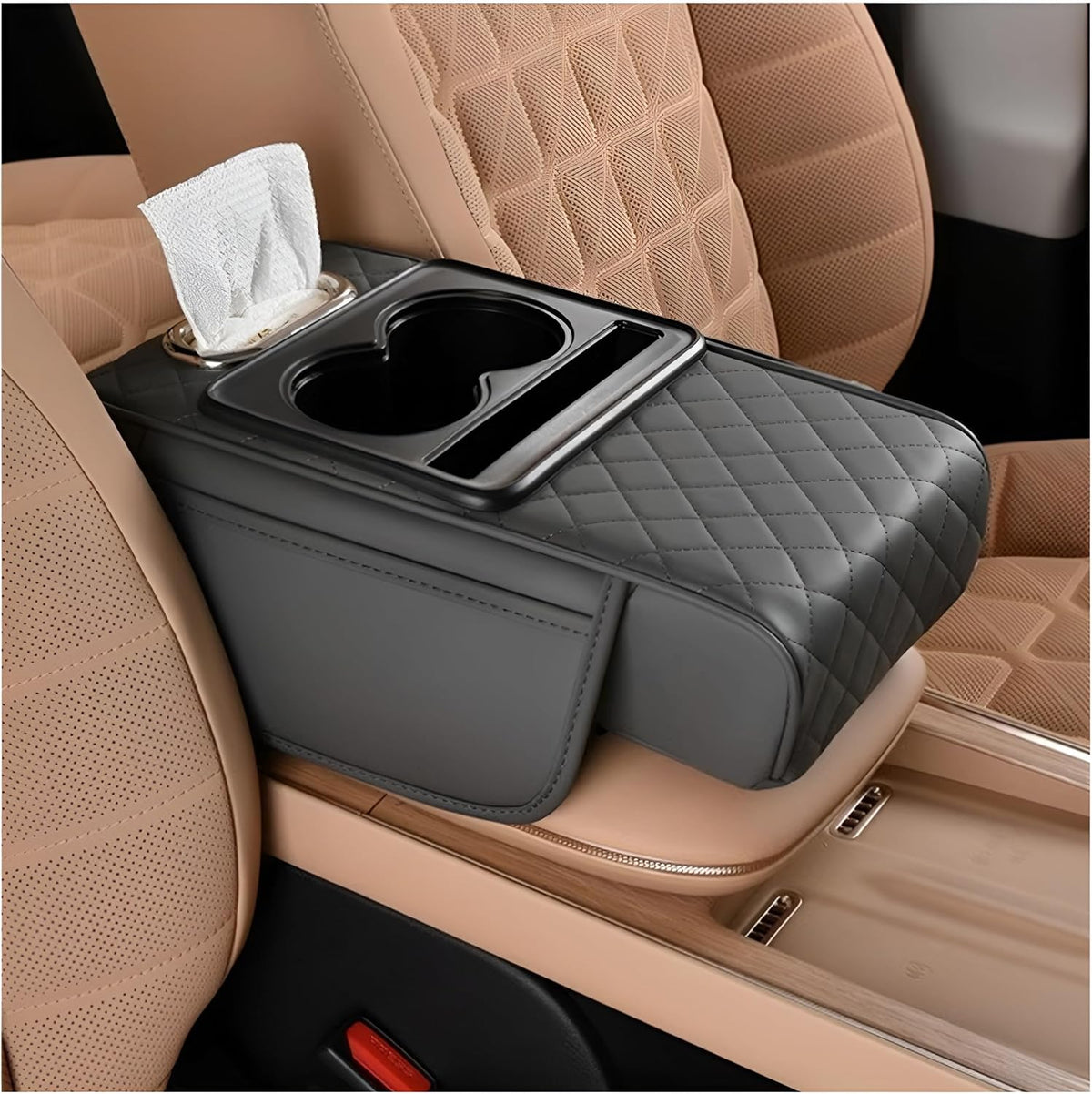 Zpana Car Center Console Armrest Pillow, Memory Foam Leather 4 in 1 Vehicle Arm Rest Cover with Tissue Box 2 Side Storage Bag Cup & Phone Holder, Auto Armrest Cushion, Universal Fit (Black)
