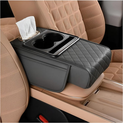 Zpana Car Center Console Armrest Pillow, Memory Foam Leather 4 in 1 Vehicle Arm Rest Cover with Tissue Box 2 Side Storage Bag Cup & Phone Holder, Auto Armrest Cushion, Universal Fit (Black)