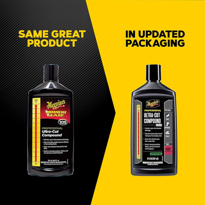 Meguiar’s Mirror Glaze M105 Ultra-Cut Compound, Car Rubbing Compound for Removing Scratches and Heavy Swirls While Adding Shine, Safe and Effective on All Glossy Car Paint and Clear Coats, 8 oz