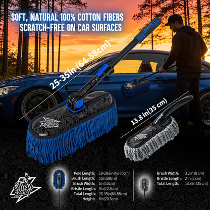 Flash Dog Car Duster Exterior & Interior Duster Aluminum Alloy Extendable Handle and Wax Cotton Strands Scratch-Free Cleaning for Cars, SUVs, RVs | Waterless Dust & Pollen Remover
