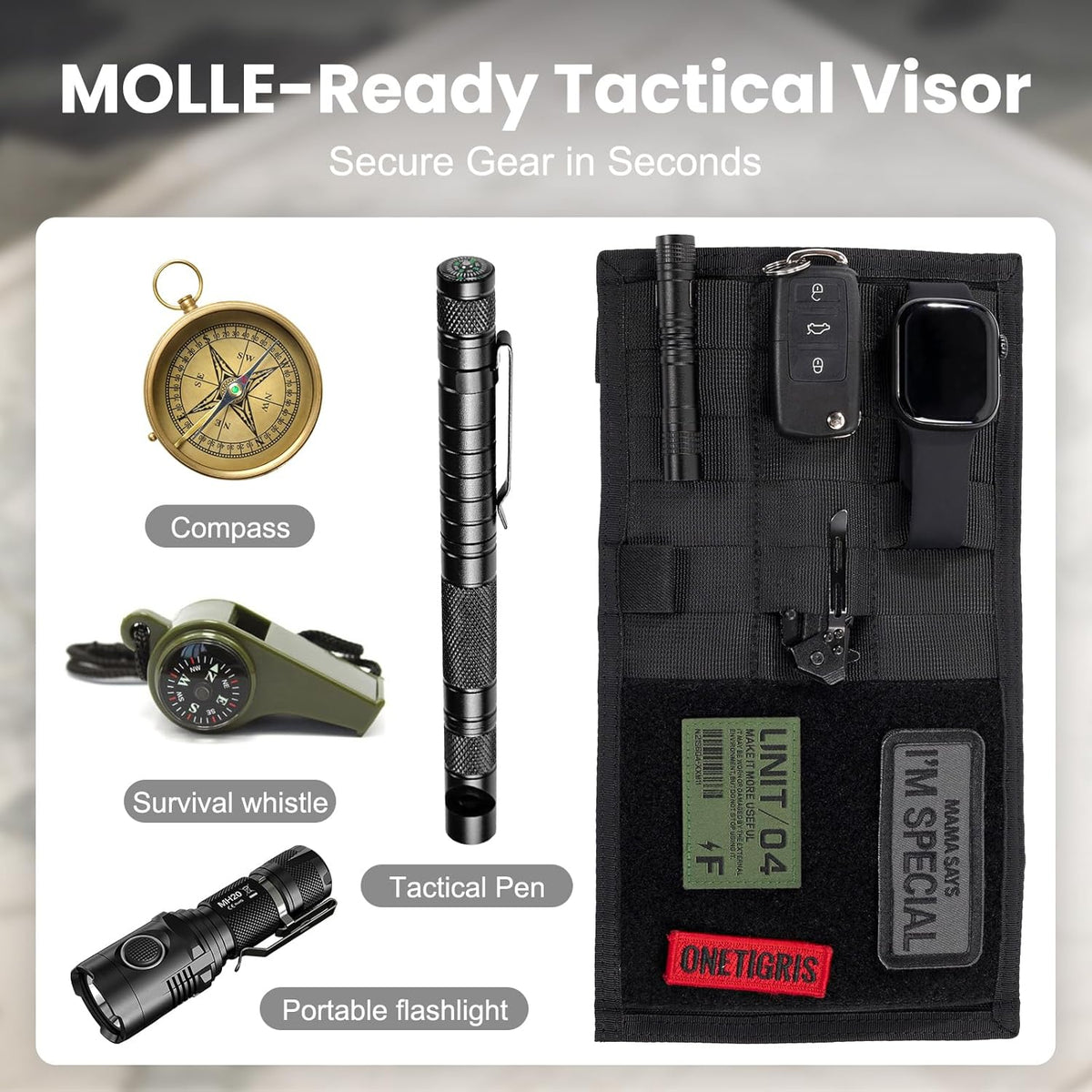 ONETIGRIS Molle Visor Panel Organizer, Tactical Car Sun Visor Organizer Molle Patch Panel Vehicle Visor Storage Holder Pouch, Molle Webbing with Hook-and-Loop Straps for Cars, Trucks, Suvs etc.