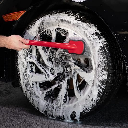 Mothers Car Wash Brush, Wheel and Fender Brush, Short Handle Tire Cleaner for Car Detailing, 10 Inch, Red/Black