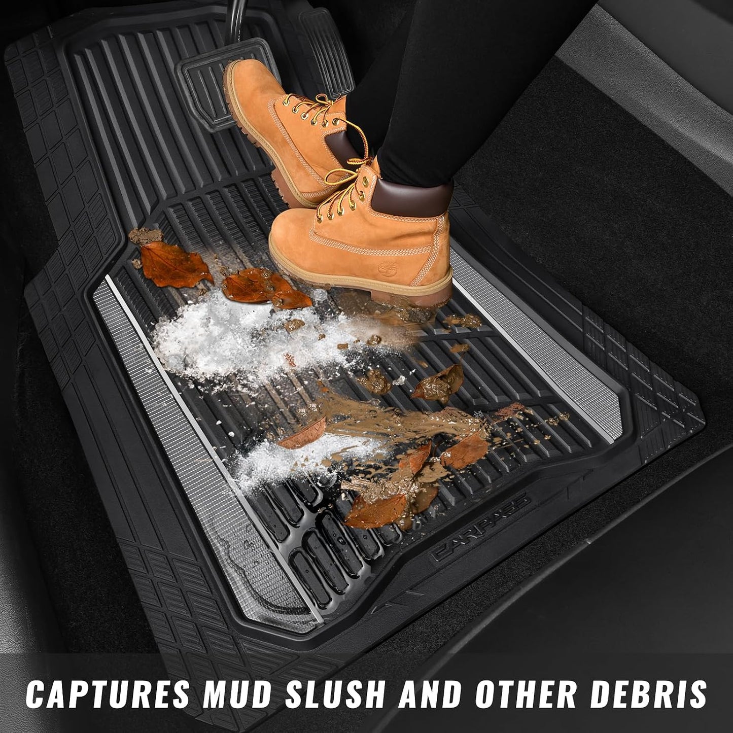 CAR PASS Heavy Duty Rubber Car Floor Mats, Deep Waterproof Car Floor Mats All Weather, Aluminum Film Floor Mats for Cars Non-Slip Universal Trim to Fit for SUVs Trucks Sedans Vans, Black Grey Metallic