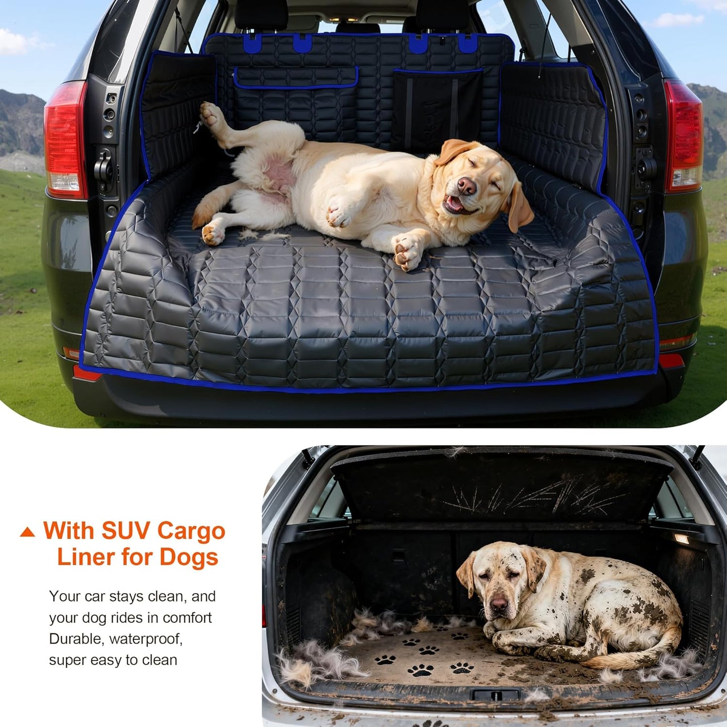 Reliadura SUV Cargo Liner for Dogs, Waterproof Dog Trunk Cover with Bumper Flap Protector, Pet Cargo Mat for SUVs Sedans Vans, Non-Slip Scratchproof Dog Seat Cover, Large Size Universal Fit