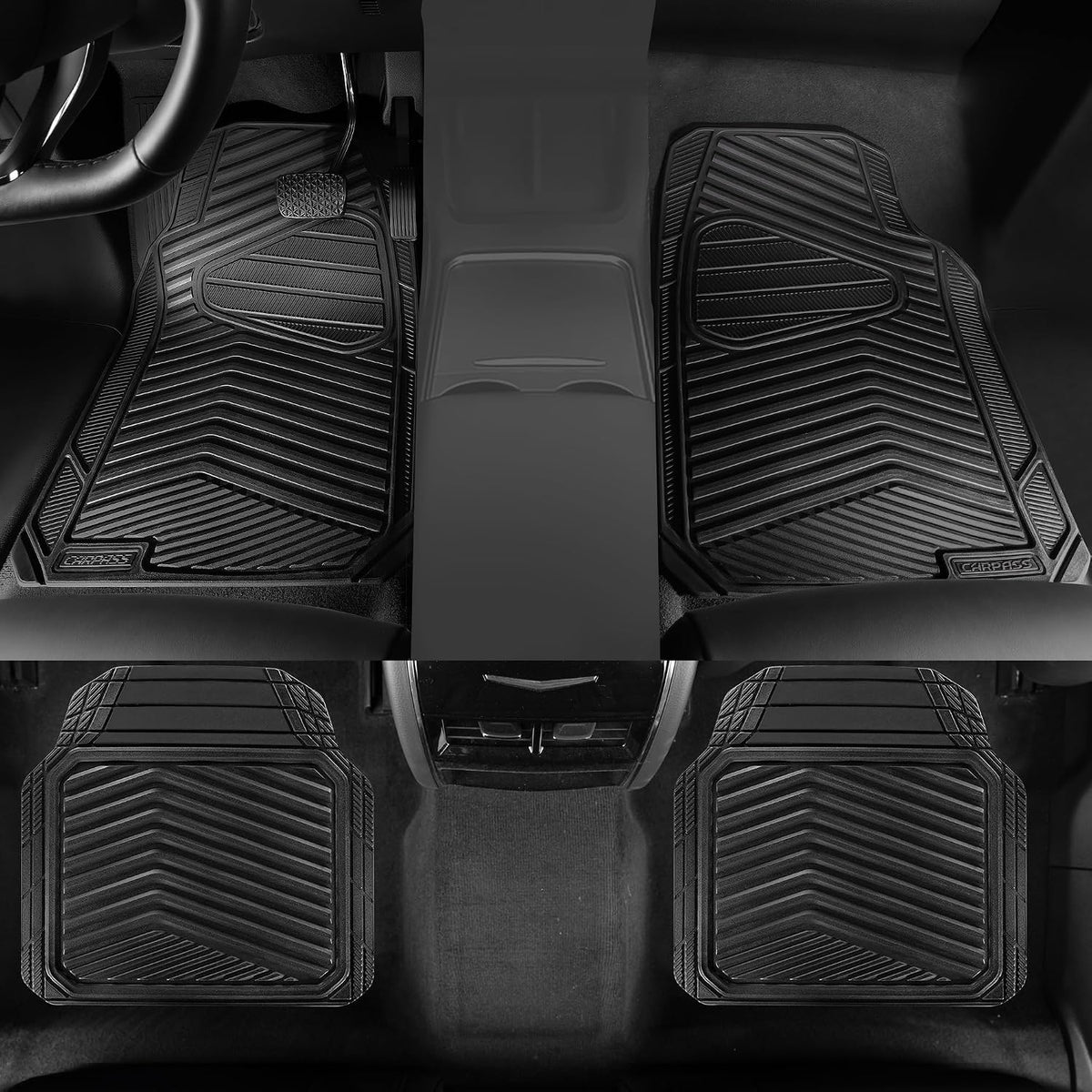 CAR PASS Rubber Car Mats, Waterproof Car Floor Mats All Weather,Car Mat Full Set 3 Piece, Automotive Floor Mat Trim to Fit for Cars Sedans SUVs Trucks, Anti-Slip Easy Clean, All Black