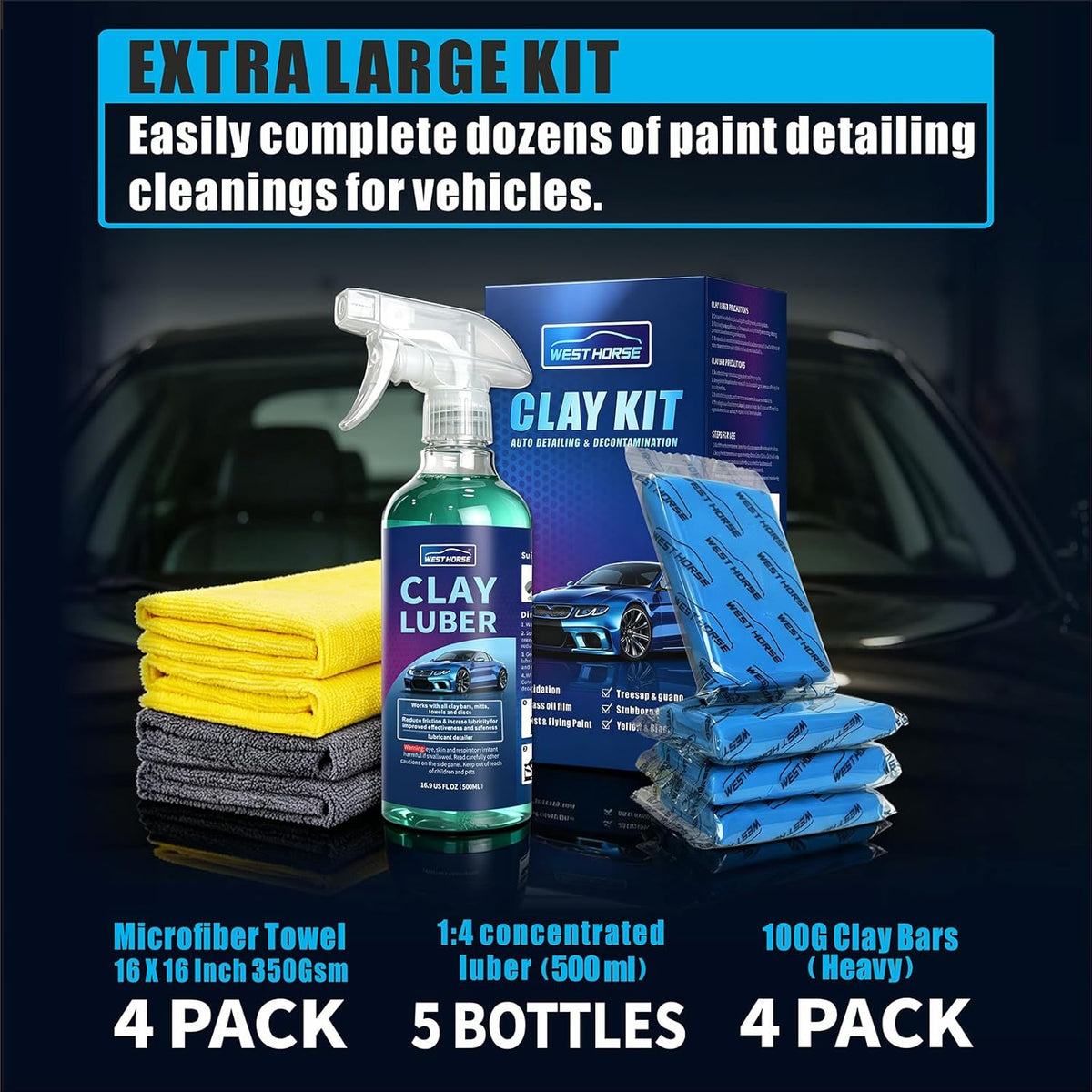 Complete Clay Bar and Luber Kit for Auto Detailing - 4 Pack (4x100g) Clay Bars + 16.9 fl. oz Lubricant Spray + 4 Pack Microfiber Cleansing Towel