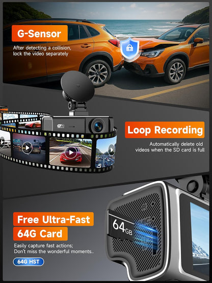 3 Channel 2.5K Dash Cam with 5GHz WiFi & APP Control, 2.5K+1080P+1080P Front Inside and Rear, Triple Dash Camera with SD Card, 24 Hours Parking Mode, Loop Recording, Night Vision
