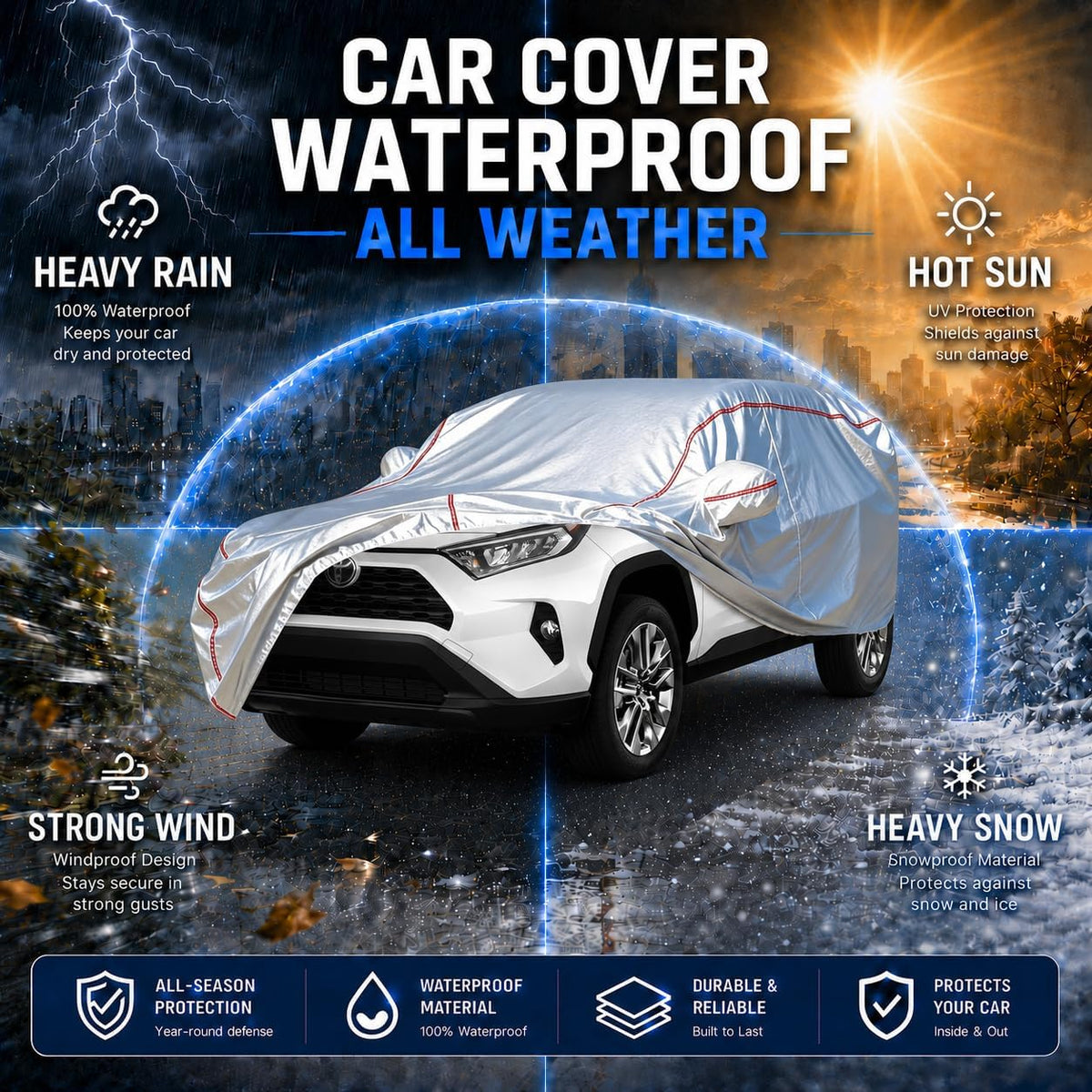 Car Cover for Sedan, Waterproof All Weather Heavy Duty, 360° Underbody Wrap Windproof Design, Quick Install Outdoor Vehicle Cover, Fits 186-193 in