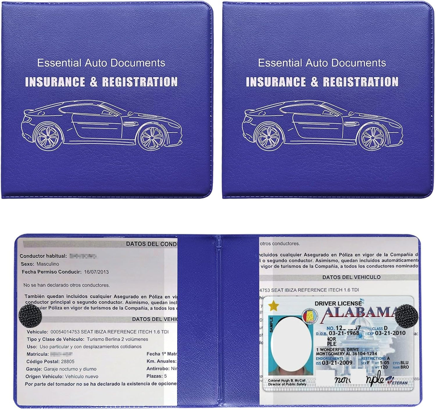 Yourkar 4PCS Car Registration Insurance Holder, Vehicle Glove Box Car Organizer with Magic Tape Closure, Driver License Keeper for Cars, Car Accessories (Big Car, Blue
