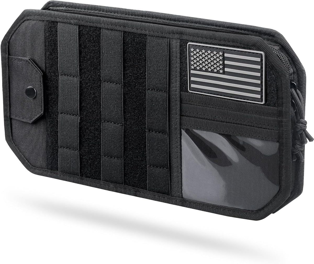 Molle Car Sun Visor Organizer with Zipper Storage Pouch & Glasses Holder, Auto Semi-Rigid MOLLE Panel for Police Gear & Overland Accessories, Fit Most Cars, Trucks, Patrols & Vans