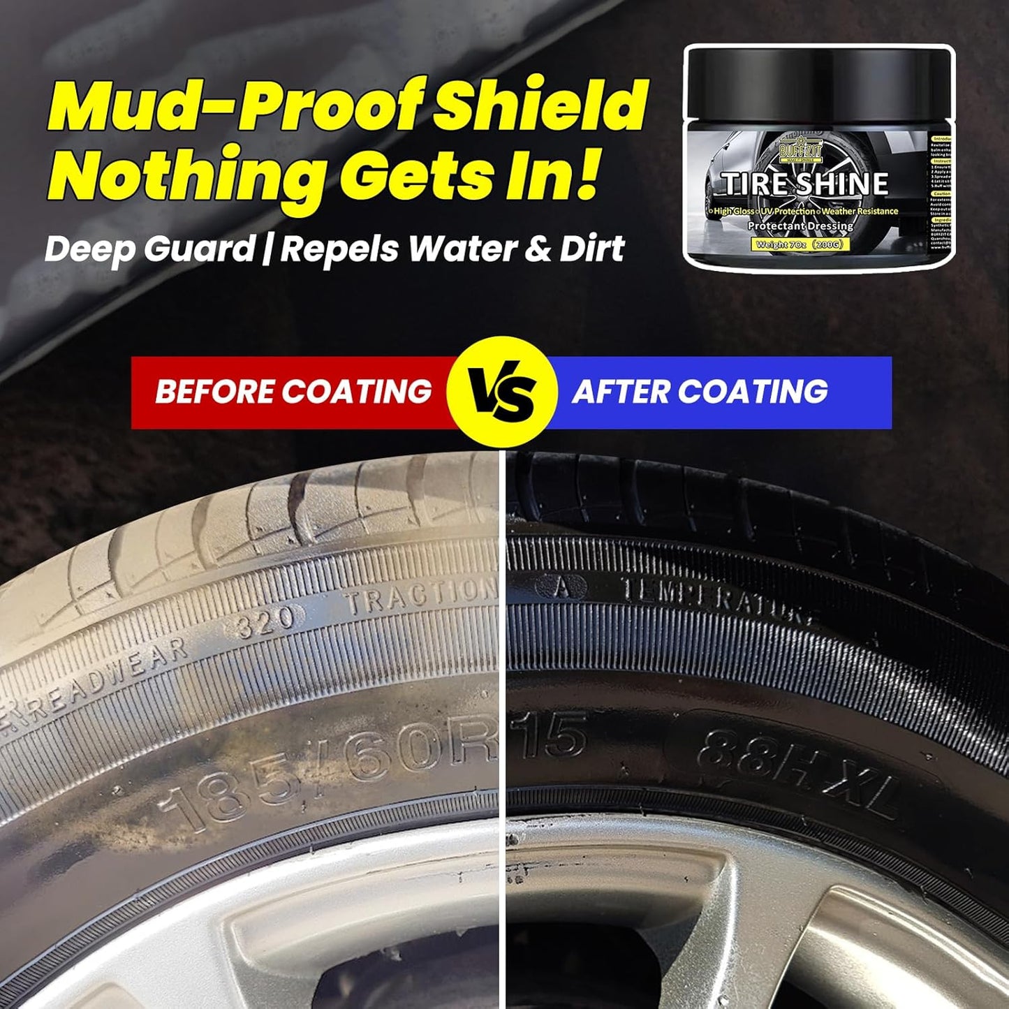 Tire Shine Gel & Wheel Cleaning Wax with Applicator Sponge, Long-Lasting Tire Dressing for Deep Black Wet Gloss Finish, UV Protection for Cars, Trucks, Motorcycles & RVs, 7oz/200g