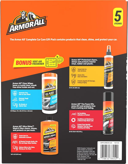 Armor All Complete Car Care Kit - 4-Piece Bundle with Car Wash & Wax, Glass Cleaner Wipes, Tire Foam & UV Protectant Spray, Gift for Car Lovers