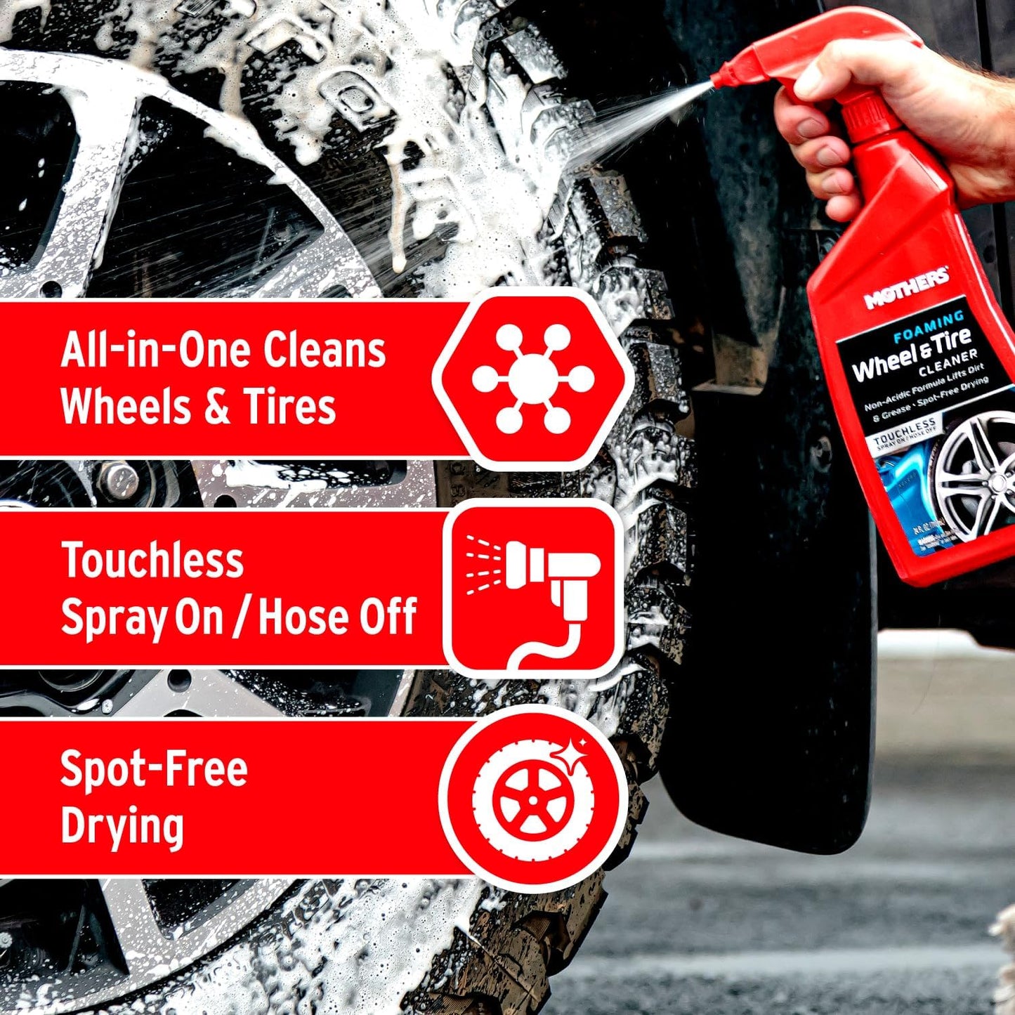 Mothers Foaming Wheel & Tire Cleaner, 24 oz. – Foaming Action Lifts Brake Dust & Grime, Safe for Factory-Coated Wheels, Restores, Cleans, Finishes Fast, Spot-Free Rinse (05924)
