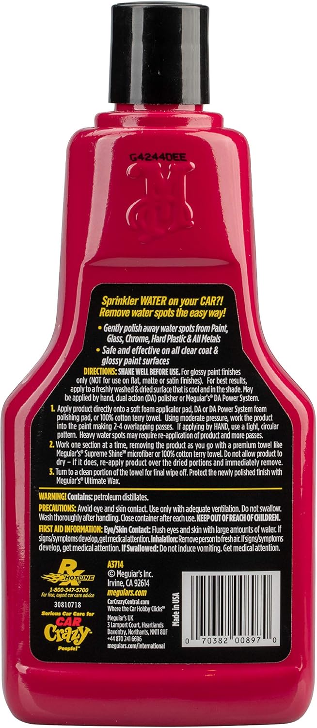 Meguiar's Water Spot Remover, Heavy Duty Water Spot Remover for Cars, Remove Water Stains and Polish Glossy Paint with a Versatile Clear Coat Safe Formula, 16 oz