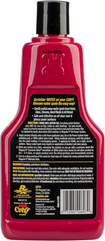 Meguiar's Water Spot Remover, Heavy Duty Water Spot Remover for Cars, Remove Water Stains and Polish Glossy Paint with a Versatile Clear Coat Safe Formula, 16 oz