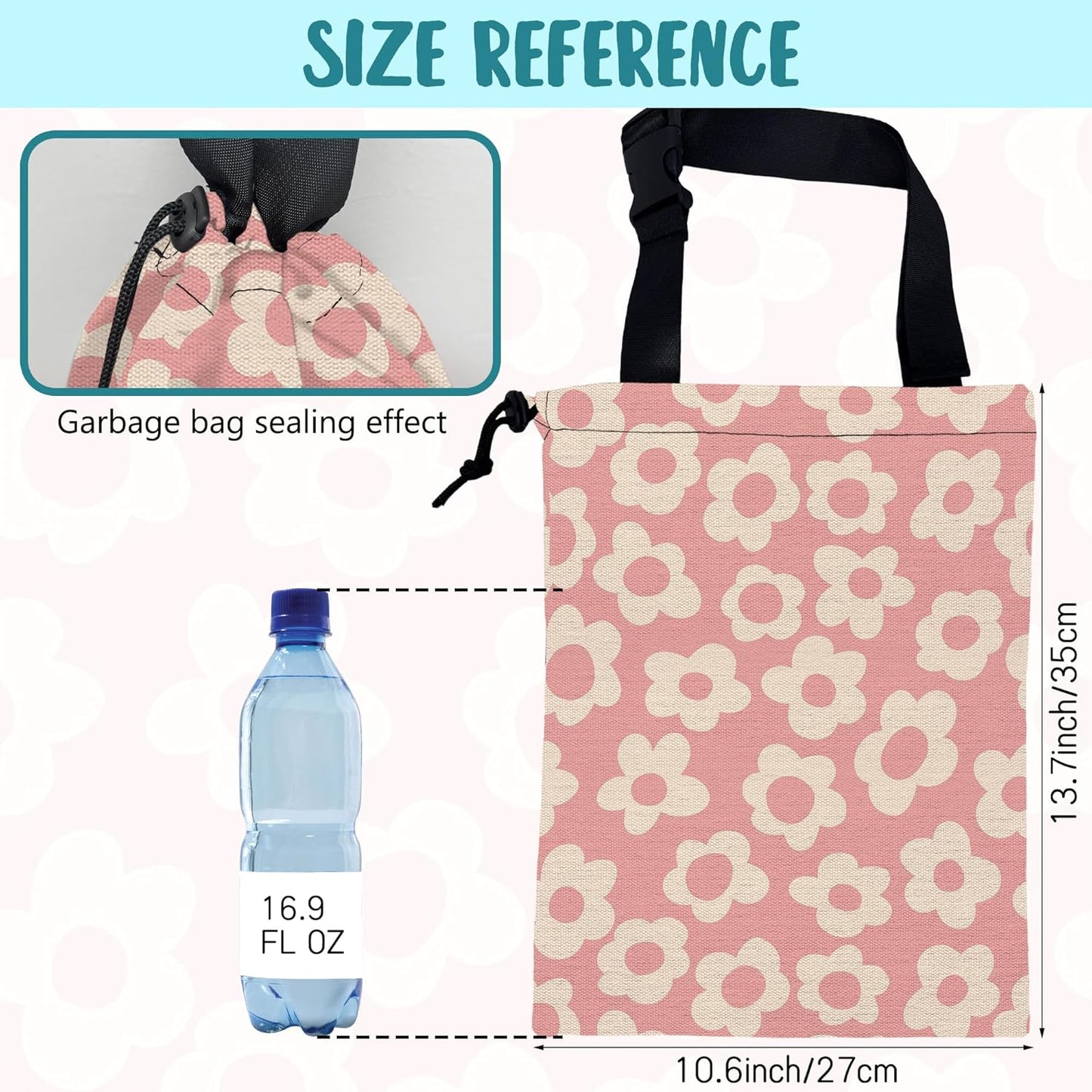 Car Garbage Bag Colorful Floral Spring Daisy Drawstring Car Trash Bag Hanging for Back Seat with Adjustable Buckle Canvas Vehicle Trash Can Easy-to-Install