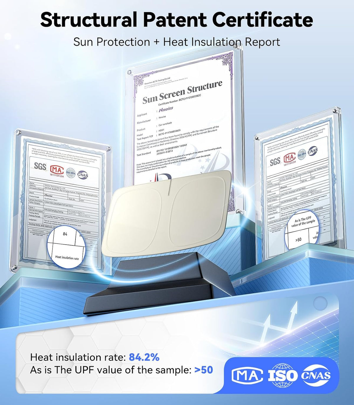Nmoiss Ice Silk Air-Cooled Car Windshield Sun Shade, [Enjoy Superior Coolness & Comfort] 84.2% Heat Insulation UPF>50 UV Block, Interior Protection, Universal Fit for Car SUV Truck, Large 64" x 34"