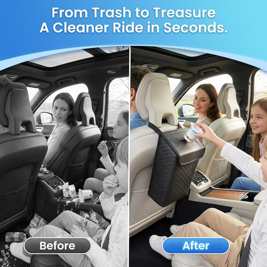 Tsumbay Car Trash Can with Lid, Leather Garbage Can, Leakproof and Removable Interior Liner, Multipurpose Hanging Garbage Bin with Quick Access Magnetic Opening, Trash Bin for Car (2 Gallon/7.5L)