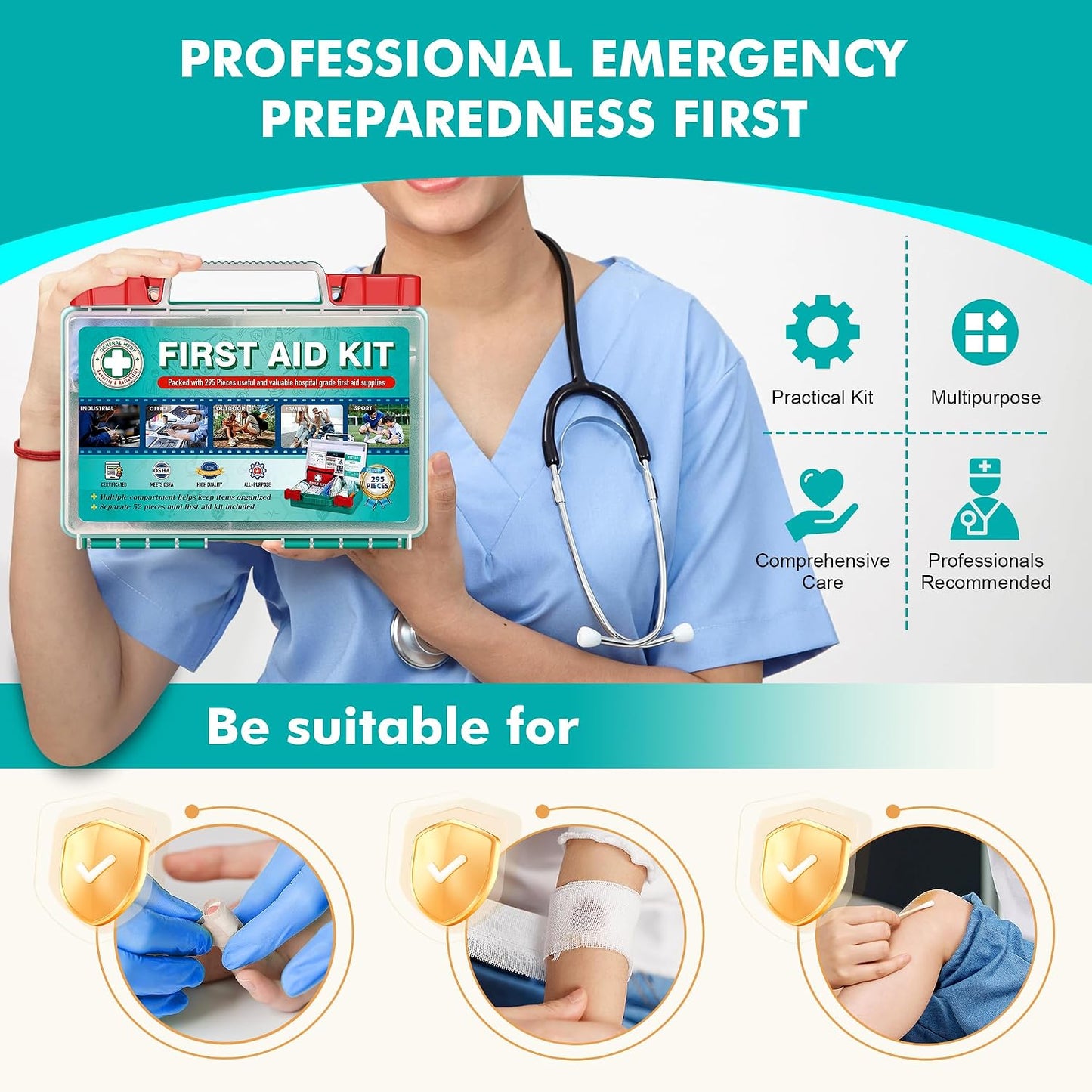 General Medi 110 Pieces Small First Aid Kit - HardCase First Aid Box - Contains Premium Medical Supplies for Travel, Home, Office, Vehicle, Camping, Workplace & Outdoor