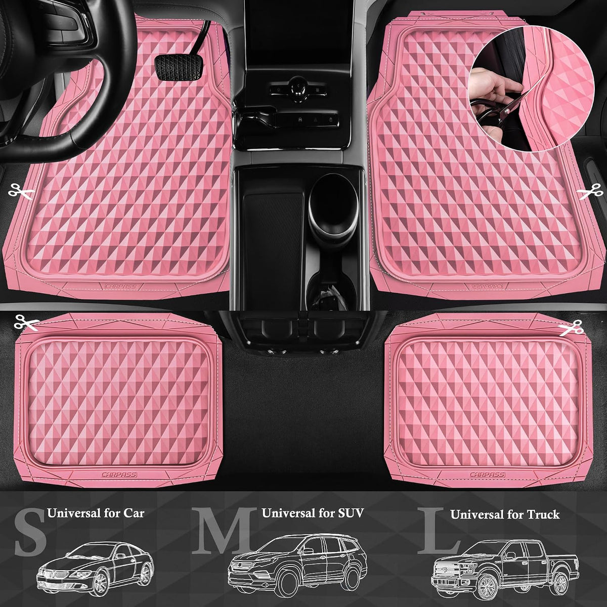 CAR PASS Heavy Duty Rubber Car Mats, Deep Dish All-Weather Floor Mat for Car Full Set Durable Anti-Slip 3D Rhombus Waterproof Trim to Fit Liner Universal Fit Automotive,Sedan,SUV,Truck, 3 Piece Black