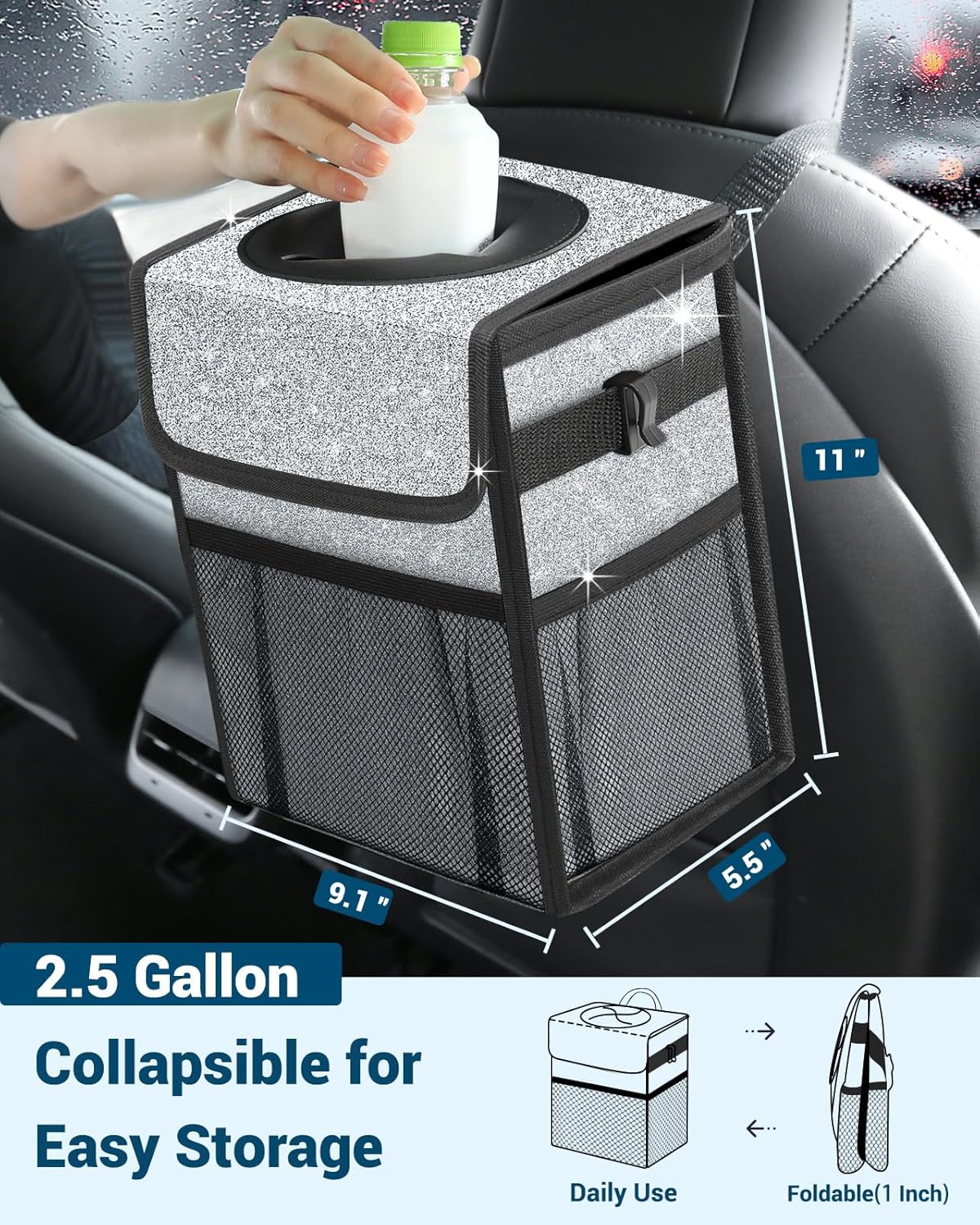 Capolo Car Trash Can with Lid, Leakproof Car Trash Bag Hanging Waterproof Automotive Garbage Can with Storage Pockets Mini Vehicle Trash Bin for Back/Front Seat(Black,2.5 Gallon)