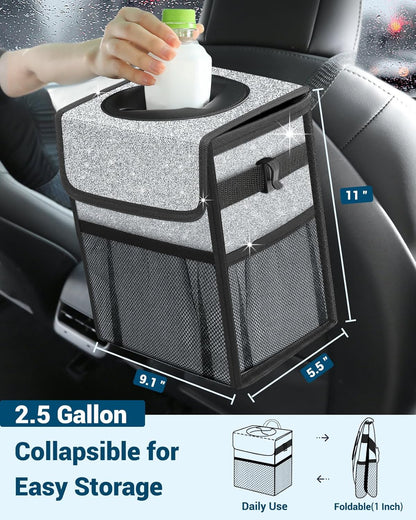 Capolo Car Trash Can with Lid, Leakproof Car Trash Bag Hanging Waterproof Automotive Garbage Can with Storage Pockets Mini Vehicle Trash Bin for Back/Front Seat(Black,2.5 Gallon)