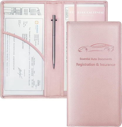 Yarnic Car Registration and Insurance Holder, Pu Leather Car Registration and Insurance Card Holder Car Document Holder for Cards, Essential Document, Driver License (Pink)