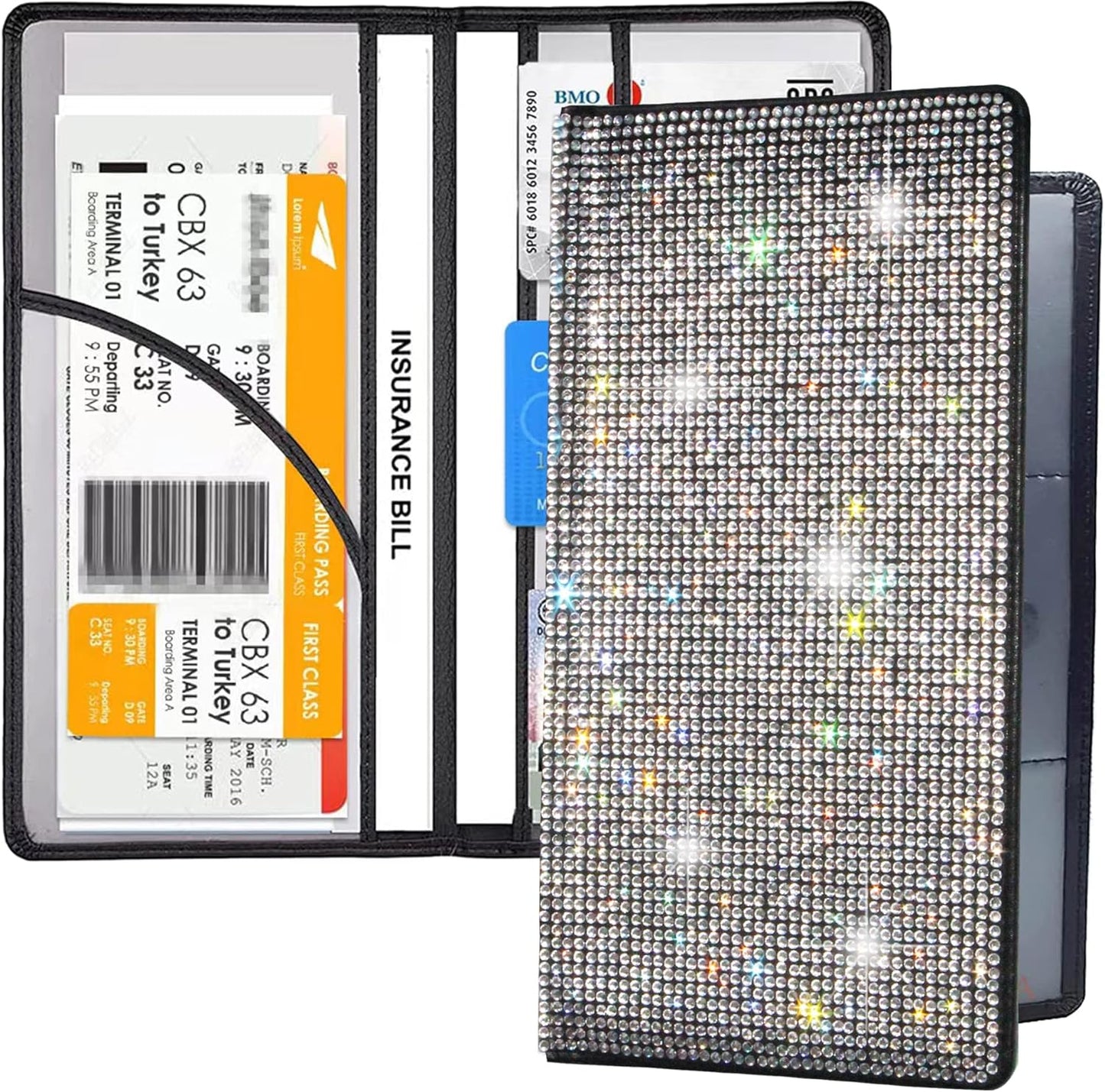 Bling Rhinestone Artificial Diamond Car Registration and Insurance Document Holder, Glitter Car Essentials Glove Box Organizer Compartment Bling Silver, Medium