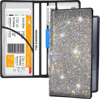 Bling Rhinestone Artificial Diamond Car Registration and Insurance Document Holder, Glitter Car Essentials Glove Box Organizer Compartment Bling Silver, Medium